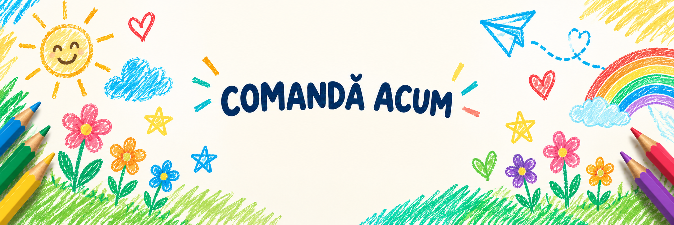 Banner AIVE cu desene colorate pentru copii și mesaj Comandă acum pentru materiale educaționale