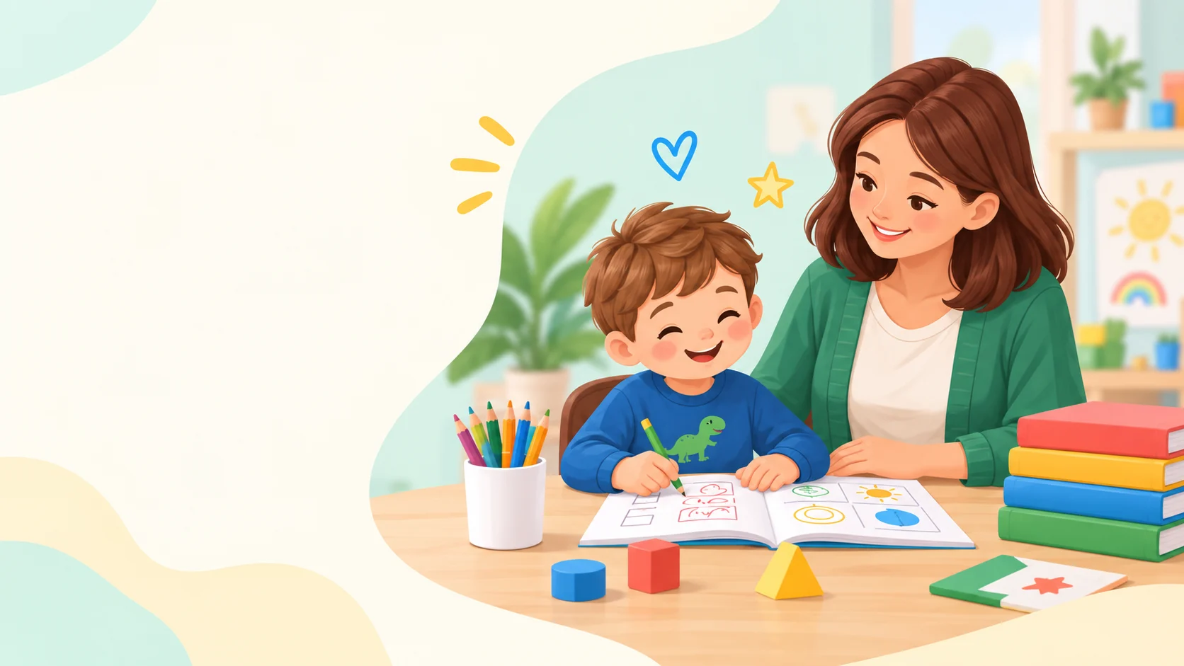 Copil care învață alături de un adult folosind materiale educaționale adaptate pentru copii cu CES